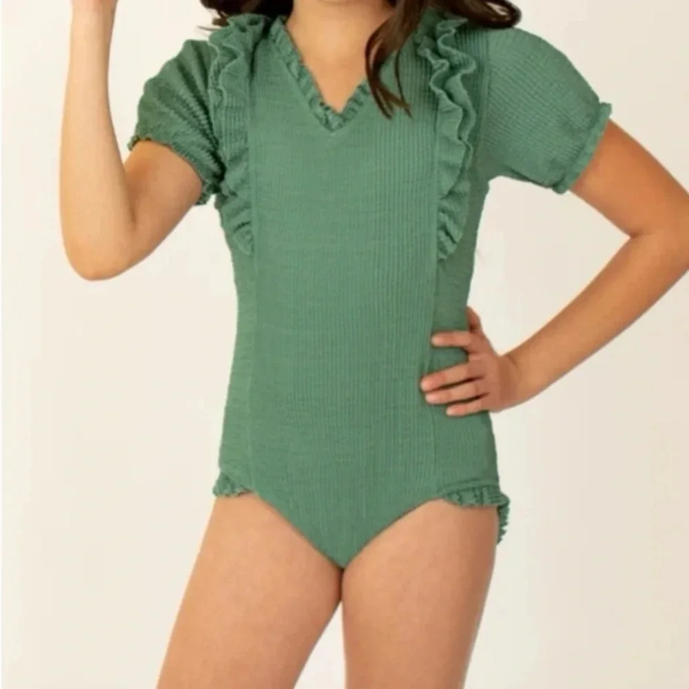 NWT Mia Joy Joyfolie Size 12 Selene Sage green ribbed ruffle‎ One Piece Swimsuit